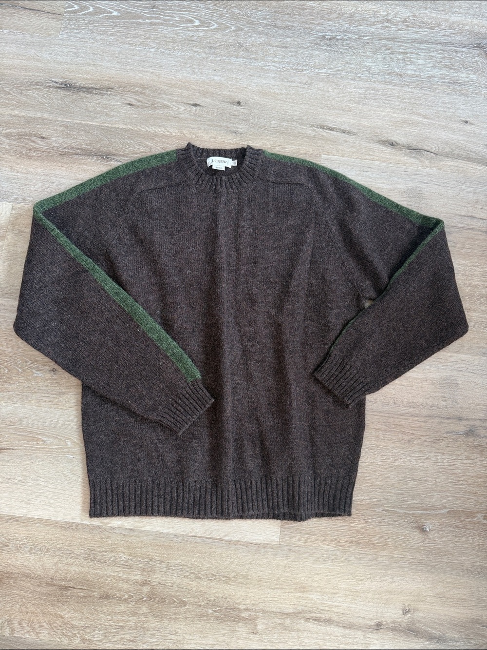 J. Crew Brown Crewneck Sweater with Green Shoulder Stripe - Men